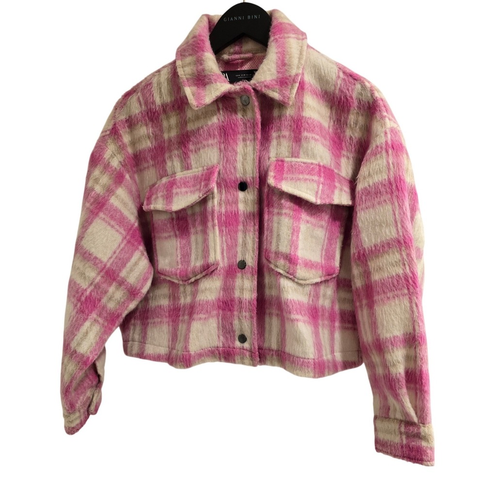 T Tahari Pink Plaid Fuzzy Cropped Jacket Women M Shacket Y2K Barbiecore Coquette